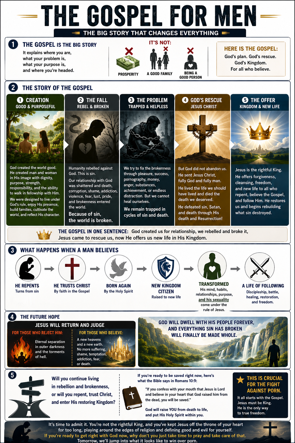 The Gospel for Men: the big story that changes everything, creation, the fall, the problem, God's rescue through Jesus Christ, and the offer of new life in His kingdom