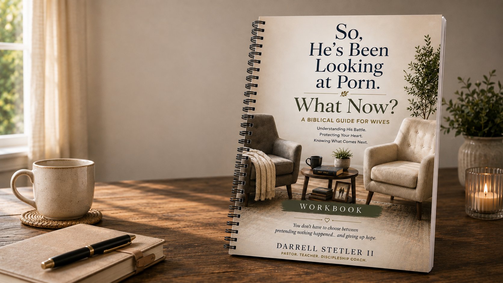 So, He's Been Looking At Porn. What Now? A Biblical Guide for Wives workbook standing on a wooden desk beside coffee and a candle
