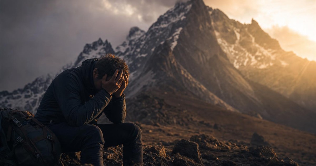 A discouraged mountain climber slumped at the base of a mountain, head in his hands, representing the start of the journey to understand why pornography is so addictive