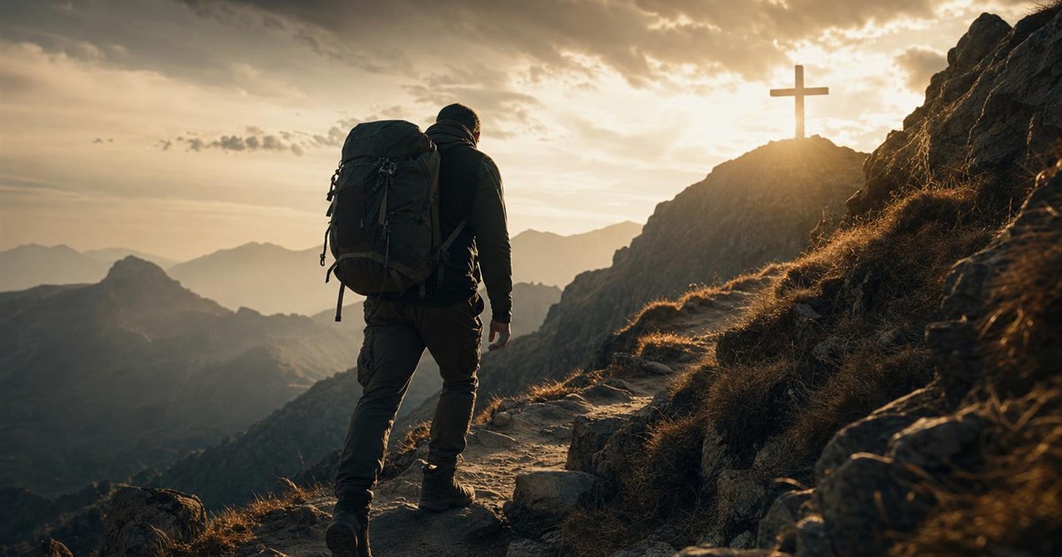 Climber taking a first deliberate step on the trail, representing daily repentance as Level 1
