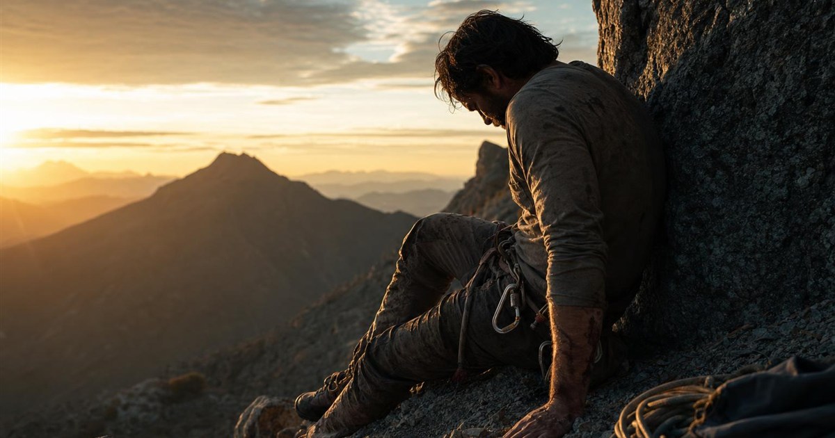 Climber resting against the mountainside after a fall, representing grace after failure