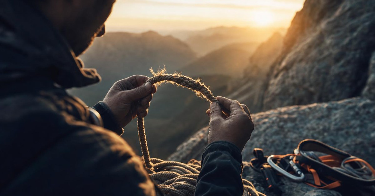 Climber examining a mended rope, representing broken places made stronger through grace