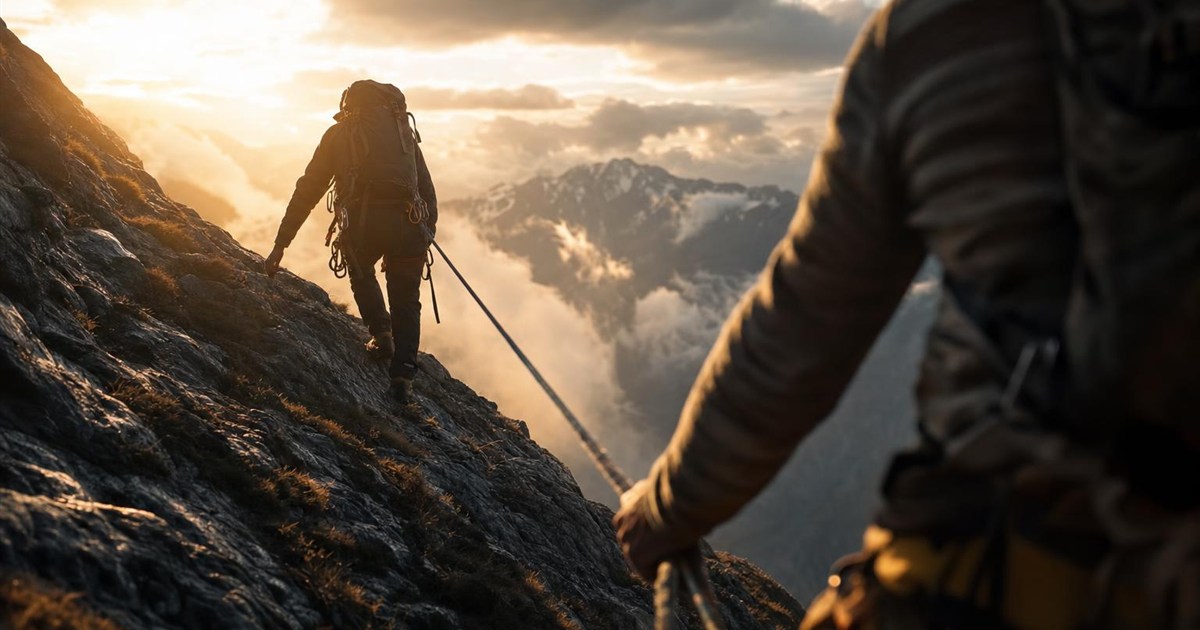 Climber roped to a partner mid-ascent, representing desire directed toward a spouse