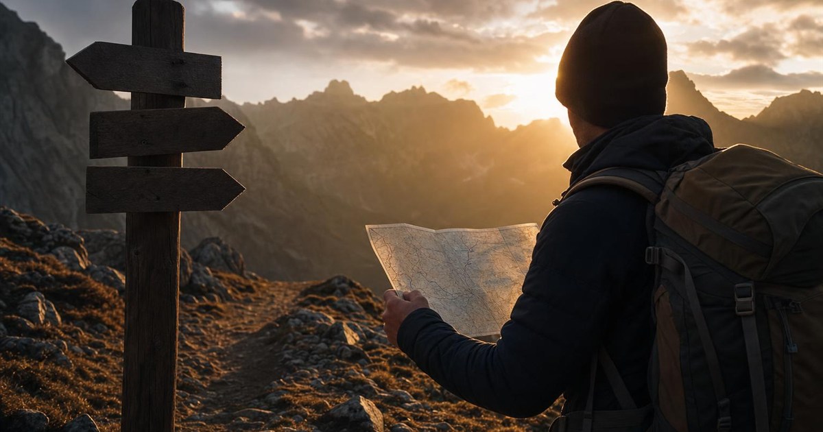 Climber checking a map at a trail junction, representing the MAP framework for self-honesty
