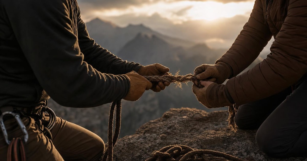 Two climbers rebuilding a section of frayed rope together, representing rebuilding trust