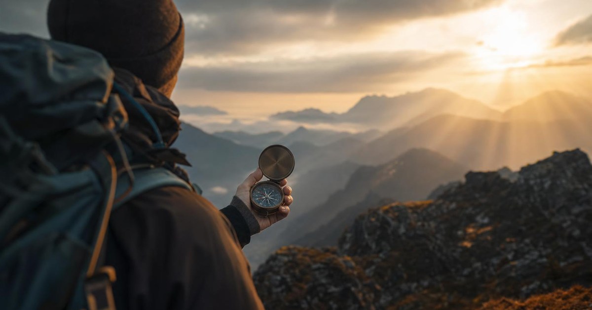 Climber checking a compass that's been reset to a new heading, representing reprogrammed desire