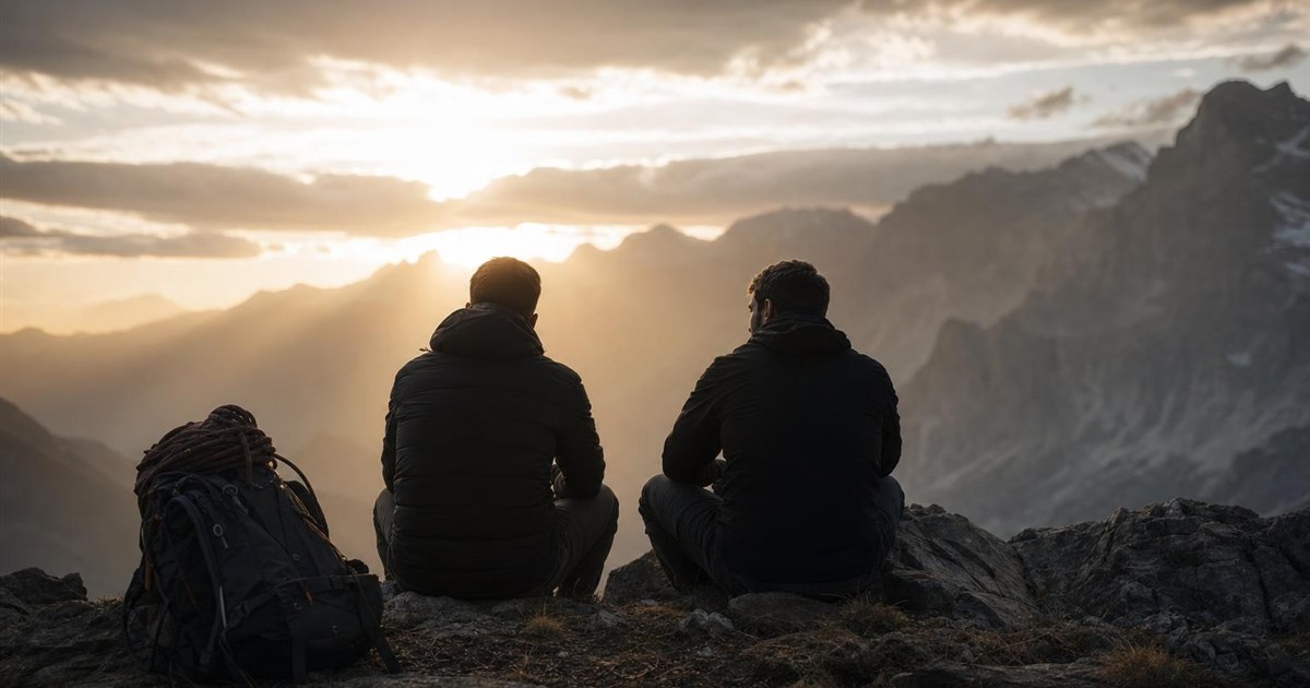 Two climbers sitting together at a calm overlook away from the climb, representing an unhurried conversation