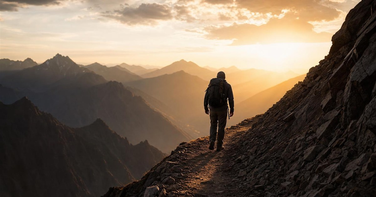 Climber walking a well-worn new trail being carved into the mountainside, representing new neural pathways